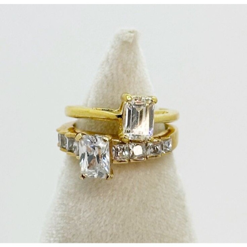 Ladies Engagement Rings CZ Solitaire Accents Gold Tone Set of 2 Emerald Cut 4.75